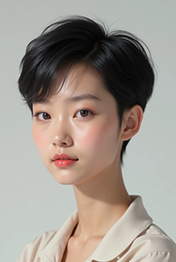 (masterpiece, top quality, best quality, (close-up photograph: 2), ((1girl)), korean, slim face, fair skin, (extremely detailed face), ((looking at viewer)), (ultra-detailed eyes and pupils), ((bare pectorals)), ((bare chest)), ((tube dress)), bare head, (((bare shoulders))), symmetrical frame, (((strapless))), ((smile)), ((symmetrical pose)), (symmetrical face: 1.6), 35mm, minimal plain white background, direct lighting, short hair, bangs, no watermark <lora:winterlorashy:0.85>