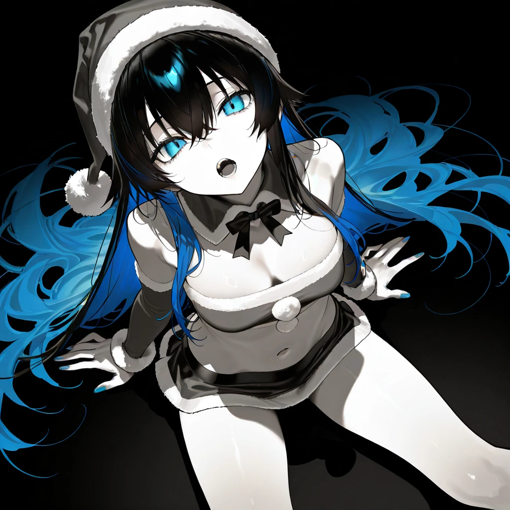 Ultra detailed
8Khighres
Ultra detailed illustration
Sharp shadows
Top quality, upper arms, shiny skin, navel, sitting back view, from above, looking up, legs spread,
Fair skin, blue nails, slim body, single woman, 28 years old, black hair, long hair, blue inner color hair, medium size breasts, (Santa cosplay with black mini skirt: 1.6), (thin thighs: 1.4), accentuated thighs, wide open mouth, beautiful teeth, (black, monochrome background: 1.4), detailed skin drawing, looking at the viewer, nsfw