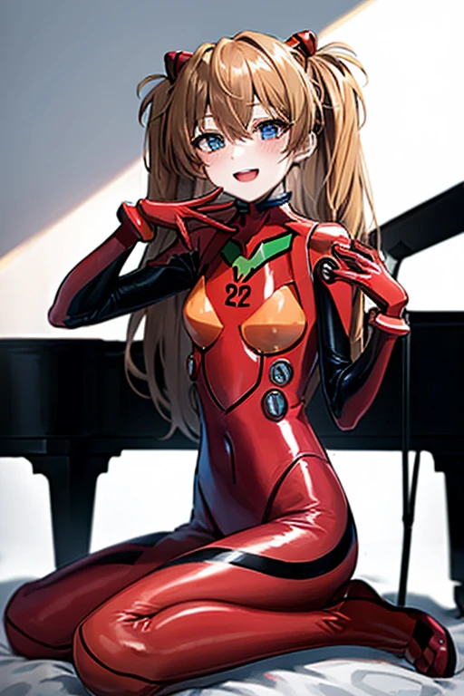 (( top quality )), ((masterpiece)), (be familiar with),  perfect face, indoor, bedroom, Watching viewers,
One woman,  Soryu Asuka Langley,
 open mouth,  ecstatic expression beside the piano, blush, smile,
 small tits,  flat chest, Young girl, Lori,  s,  girl,
 long hair,  twin tails,
Leg spread,