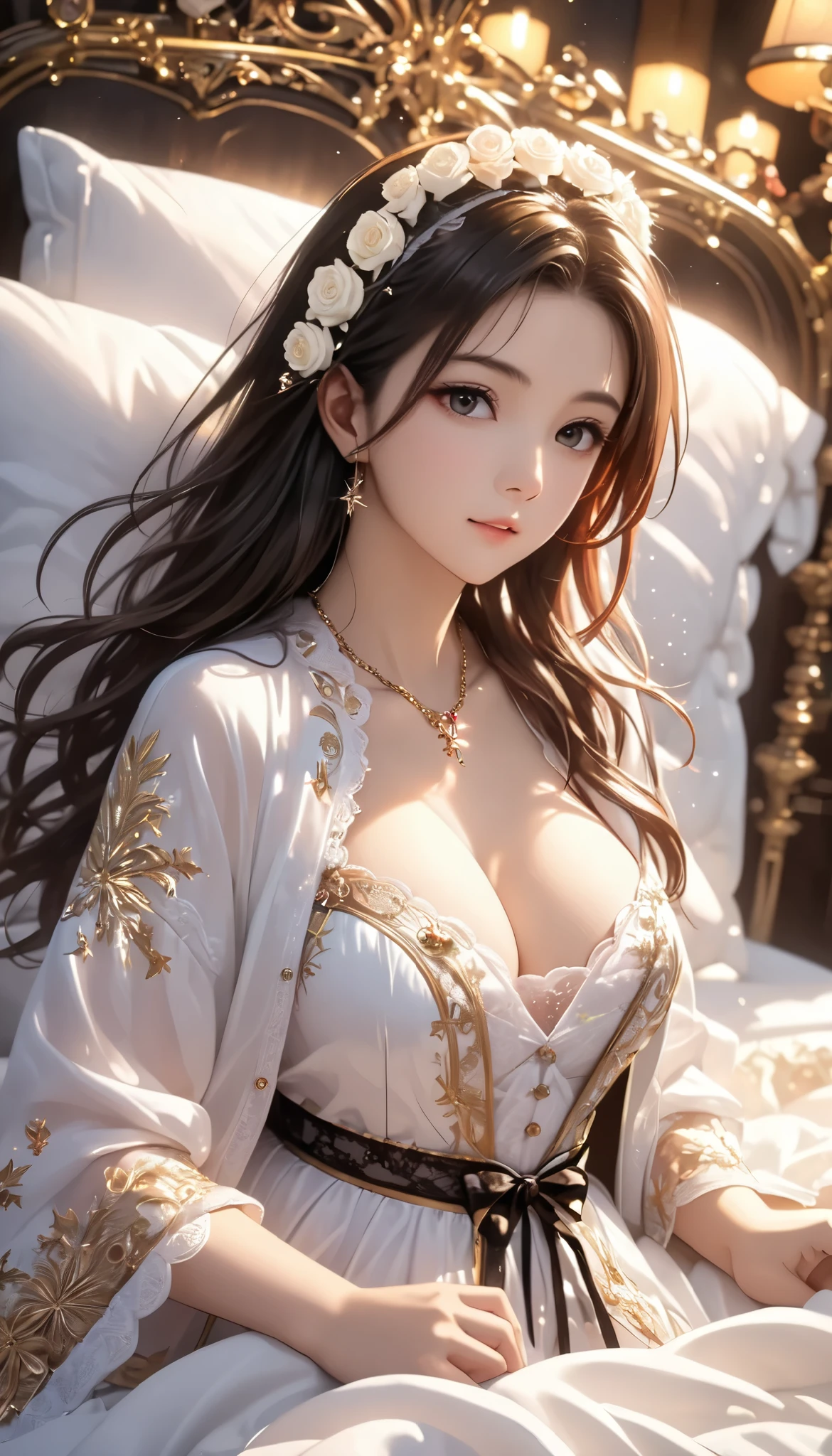 (1girl:1.3), cinematic light,  (masterpiece, top quality, best quality, official art, beautiful and aesthetic:1.3), extreme detailed,highest detailed,(ultra-detailed),((an extremely delicate and beautiful)), night time, From above,(( lying on bed)), solo, breasts, small face, silky long hair, (brown hair), white Rose flowers scattered all over the bed, christmas decorations, (christmas costume:1.6), black-Lace-nightware, open breast, ,Accurate hand expression