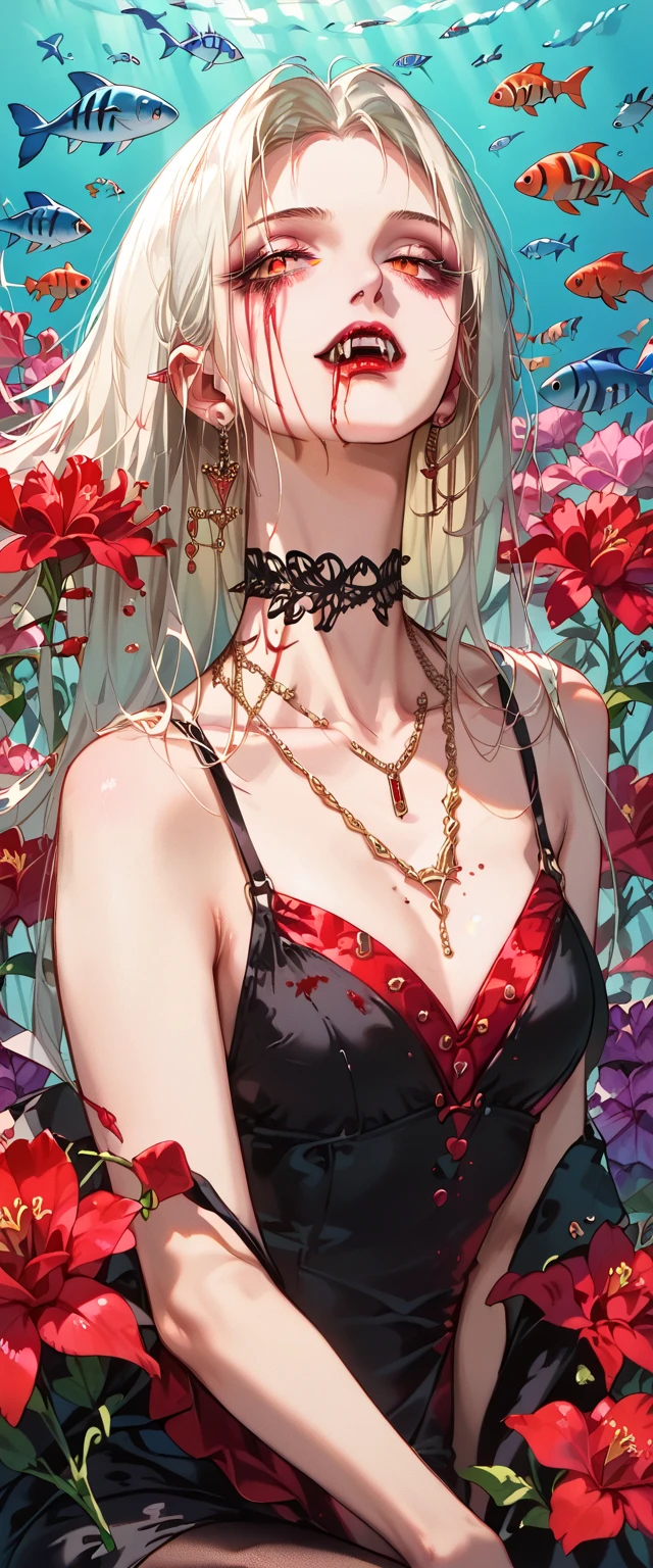 You can see a flat detail of the shoulders, A woman's collarbones and neck , Vampire bite on the neck, blood, has a necklace, nice view, elegant neckline,  elegant dress, DRIED FLOWERS , flying fish. Detail shot