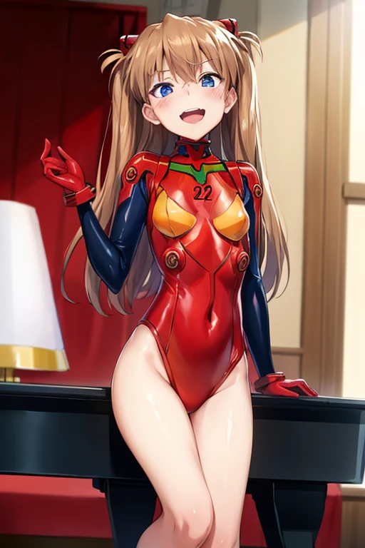 (( top quality )), ((masterpiece)), (be familiar with),  perfect face, indoor, bedroom, Watching viewers,
One woman,  Soryu Asuka Langley,
 open mouth,  ecstatic expression beside the piano, blush, smile,
 small tits,  flat chest, Young girl, Lori,  s,  girl,
 long hair,  twin tails,
Leg spread,