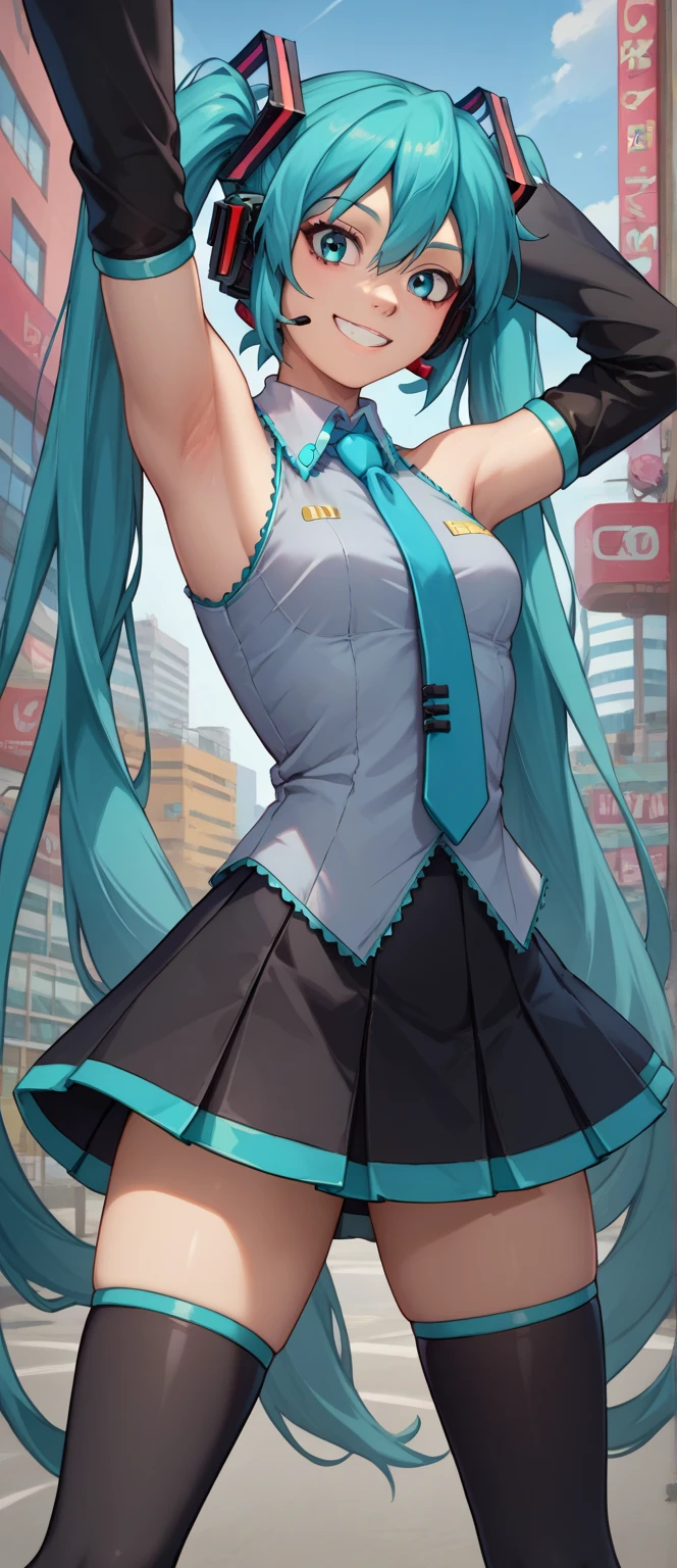 score_9, score_8_up, score_7_up, source_anime, solo, 1girl, hatsune miku, cammystretch, standing, showing armpits, aqua hair, twintails, headphones, sleeveless shirt, necktie, detached sleeves, black skirt, black thigh highs smiling, looking at viewer, medium breast. Half naked. (((night city background)) (((half naked))) (((wearing lingerie))) 