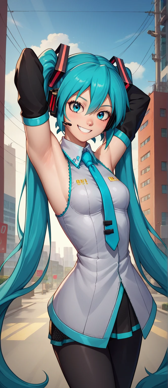 score_9, score_8_up, score_7_up, source_anime, solo, 1girl, hatsune miku, cammystretch, standing, showing armpits, aqua hair, twintails, headphones, necktie, detached sleeves, smiling, looking at viewer, medium breast. Half naked. (((night city background)) (((half naked))) (((wearing lingerie))) 