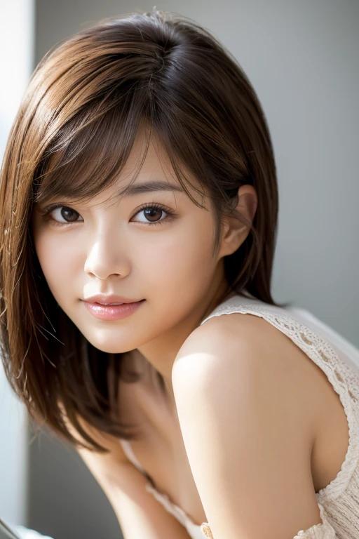 ((Photorealistic、Masseter muscle area、Highest quality、High resolution、RAW Photos))、(full body, glamorous body, Perfect Detail)Realistic、Bright lighting、Face Light、Smooth Professional Lighting、pretty girl、Beautiful woman, Modeled、gravure、(wavy hair、Brunette colored hair、Brown eyes, sexy face, want to kiss++) ,natural makeup、so beautiful、Realistic and beautiful skin、Big tits、Cleavage、plum thighs, Beautiful and detailed、Detailed face、 looking at the camera、take a picture, Seductive Pose, Sexy lingerie++,