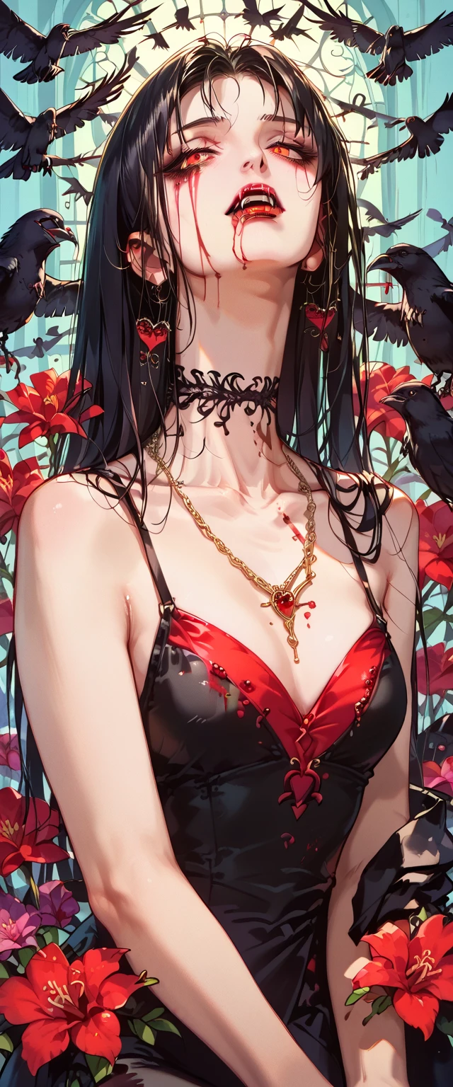 You can see a flat detail of the shoulders, A woman's collarbones and neck , Vampire bite on the neck, blood, has a necklace, nice view, elegant neckline,  elegant dress, DRIED FLOWERS , crows flying. Detail shot