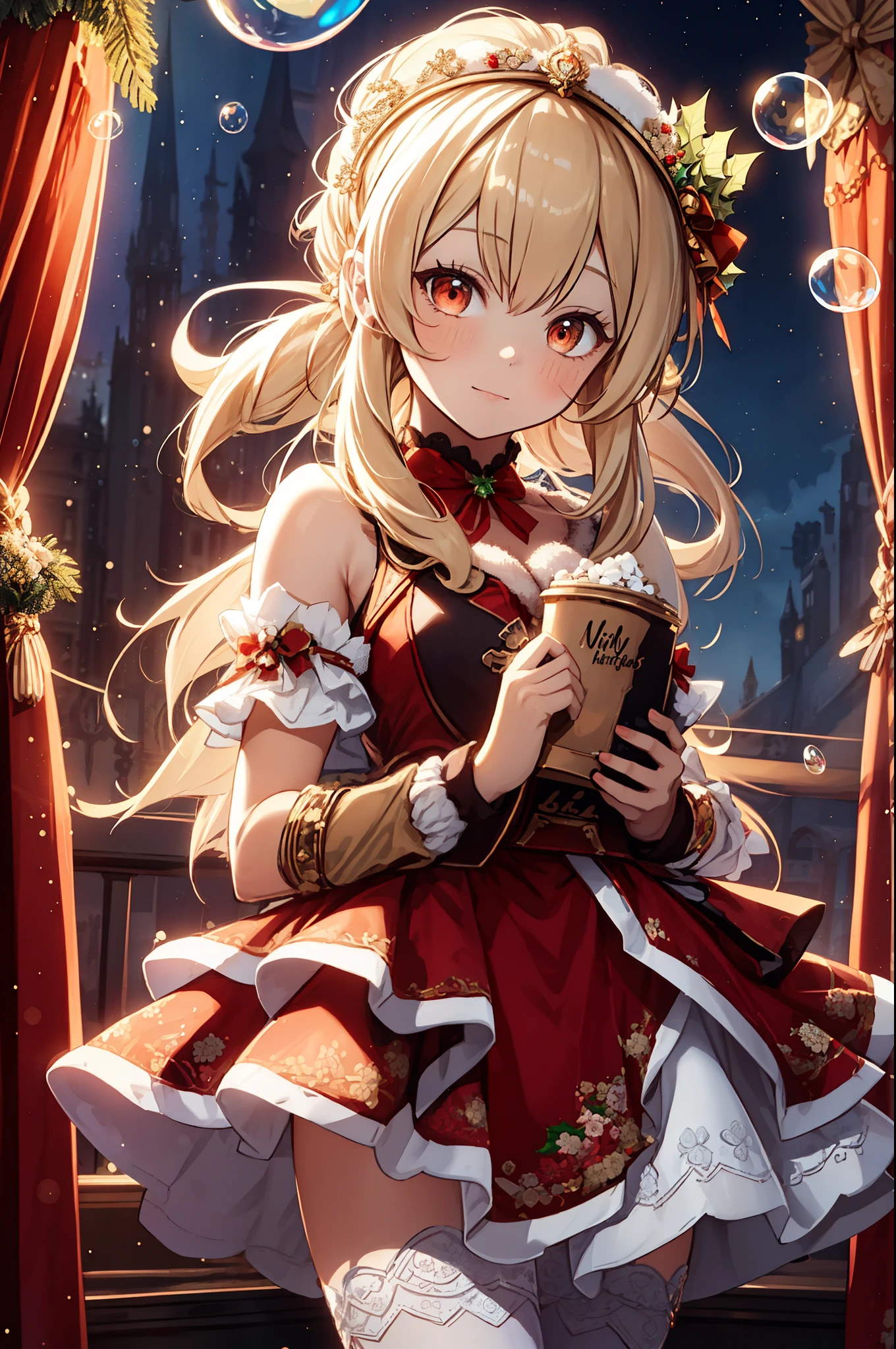 Girl, charming,gorgeous,In Love ,sacred,( Christmas padded jacket,Warm clothing,Little bubble skirt ),blond,klee, red eyes, Minimalism , Multi-layer exquisite ruffles ,Lots of Lace,( Lines on clothes :1.2),( Exquisite clothing :1.1),(Multi-layer Skirt ),Princess Crown, Perspective tulle garment , Beautiful detailed face , Bedroom scene in Western mythology, movie lights ,night,Single, Metallic Decoration ,lace,(shine:1.2), ( Best Quality ), (masterpiece:1.2)