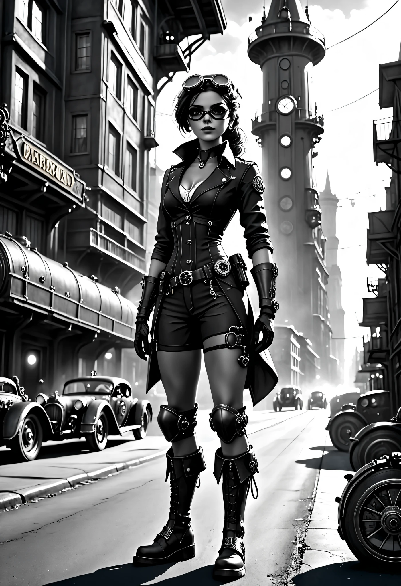 (Realistic), (Postapocalyptic woman:1.2), full body view, (looking to camera:1.1), detailed European features, ((steampunk-style goggles)), ((steampunk city in the background)), raw black-white photo, analog style, ilford delta 400, ultra-detailed photography, cinematic lighting, soft focus, high resolution, lifelike skin, detailed eyes, (steampunk fashion:1.2), mechanical gears, (advanced technology:1.1), futuristic atmosphere