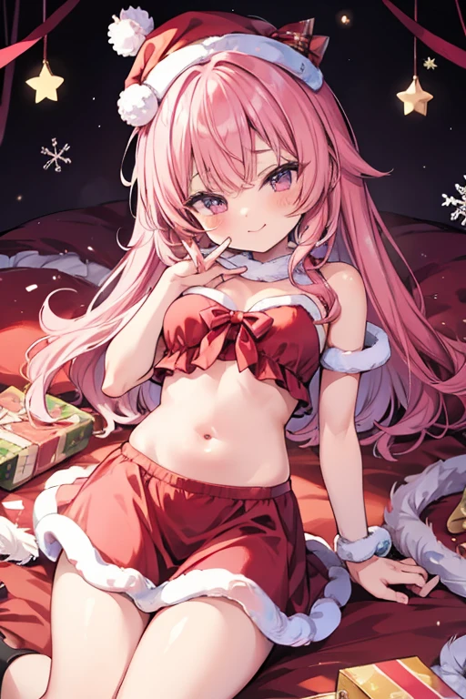 One girl、Pink hair、PastelColors、Cute、blush, tiny chest, christmas, christmas underwear, bedroom, hentai, night, christmas cosplay