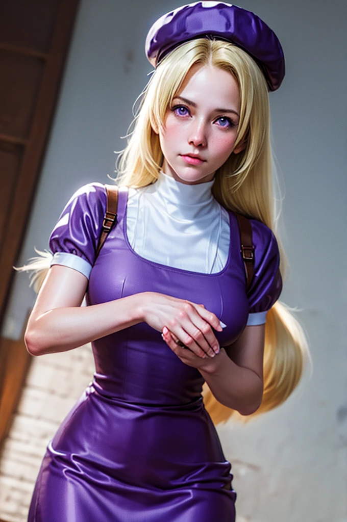 HinakoShijouKof, 1girl, Long blonde hair, purple eyes, sumo, cute face, purple dress sleeve, Brown bag, beret, look at viewer, detailed, realistic, medium breasts, waist, perfect hands, MASTERPIECE, sumo background 
