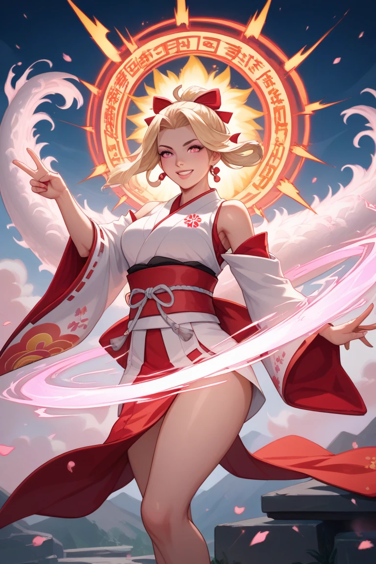 A beautiful blonde shrine maiden is depicted in a powerful moment, with her left hand forming an inverted peace sign, gently brought close to her forehead, while her right hand is raised high towards the sky, unleashing a massive, glowing white energy sphere. Her body arches back with strength as the energy radiates overwhelming light and shockwaves throughout the scene. Her traditional white and red miko outfit flows dramatically in the intense energy currents, and her long blonde hair is swept upward by the light and wind. Her expression is filled with determination, and her pink eyes shine with unwavering resolve. Surrounding her is a majestic white dragon, coiling around her in a swirling vortex of energy, amplifying her power. The background blends subtle elements of a traditional Japanese shrine with a battlefield devastated by the explosion of energy, where light and shadow dynamically intertwine. The art style is highly detailed, vibrant, and anime-inspired, emphasizing the grandeur of this epic attack.