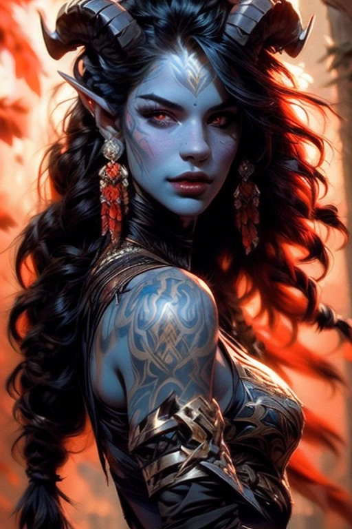 score_9, score_8_up, score_7_up,
KRKNK, 1girl, portrait, beautiful, tiefling shaman, black hair, (long hair:1.3), side bangs, horns, barbarian, gladiator, war paint, tribal markings, long tail, blue skin, red lips, red eyes, glowing eyes, (smug:0.85), dramatic lights, detailed