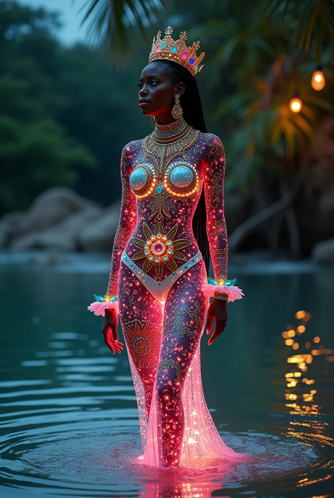 Full body shot, with feet in the water-spring, jewelry, muchas jewelry, corona, Tiara neck ornaments in front, hair doll elbows on head, air, diamonds, rubies, sapphires, emeralds, precious stones (masterpiece, Better quality), 8K, (((very detailed))), raza: 1.8, Super intricate running pattern, Colorful racing pattern, Transparent body of colorful glass, mandala, Enlightened, beautiful black African female model, young goddess, Toned body type, Sexy woman, sexy body, luce sexy, cornrows hairstyle, Jet black, Sunset view, smile, EOS 50ｍｍ F2, light background, paradise beach, moonlit, full of palm trees and flowers of multiple shapes and colors, side shot, Light up your face, Full body portrait, dynamic poses, Full body shot. masterpiece, la Better quality, RAW photos, film grain, ８ｋ, ultra high resolution, very detailed, a beautiful GODDESS, perfect anatomy, a beautiful woman, a luminous suit, a stained glass suit, beautiful feminine curves, sexy body, smart appearance, sensual elegance, fluorescent body, fluorescent paint, transparent background, paradise beach full of palm trees and flowers of multiple shapes and colors, (masterpiece, Better quality), 8K, (((very detailed))), Super intricate running pattern, Colorful racing pattern, Stained glass background, Transparent body mandala, Enlightened, Cold, beautiful 33year old ugandan woman , Dark fantasy, (realistic, fotorrealistic:1.37), (full body photo:1.4), (ohwx diosa), with tribal tattoos, ojos brights, big tits, open legs, Dark makeup, Fantasy world, tribal patterns in tattoos, fantasy art, body paint sin ropa, body paint, mandala, bright, transparent holds a long magic spear, fantasy transparent wrap background, (ethereal beauty:1.1), supernatural elements, (Artistic beauty, oil painting:1.3), (expressive face: