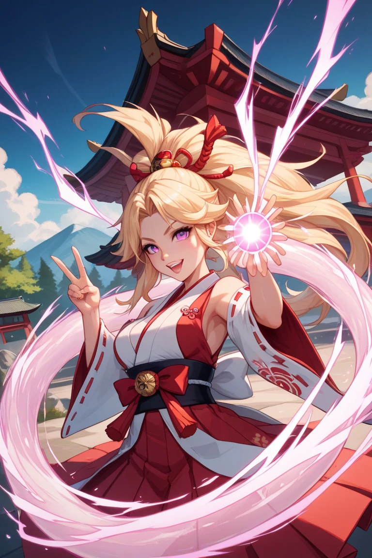 A beautiful blonde shrine maiden is depicted in a powerful moment, with her left hand forming an inverted peace sign, gently brought close to her forehead, while her right hand is raised high towards the sky, unleashing a massive, glowing white energy sphere. Her body arches back with strength as the energy radiates overwhelming light and shockwaves throughout the scene. Her traditional white and red miko outfit flows dramatically in the intense energy currents, and her long blonde hair is swept upward by the light and wind. Her expression is filled with determination, and her pink eyes shine with unwavering resolve. Surrounding her is a majestic white dragon, coiling around her in a swirling vortex of energy, amplifying her power. The background blends subtle elements of a traditional Japanese shrine with a battlefield devastated by the explosion of energy, where light and shadow dynamically intertwine. The art style is highly detailed, vibrant, and anime-inspired, emphasizing the grandeur of this epic attack.