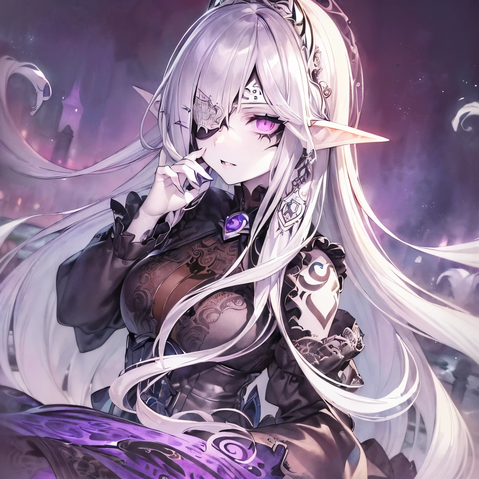 (masterpiece, illustration, best quality:1.5), insanely beautiful black ice SKADI little sister,1 girl, yinji, purple hair, purple eyes, long hair, white hair, double braids, gradient hair, water blue body painting, global illumination, finely detailed, beautiful defined detailed face, beautiful detailed eyes, beautiful detailed shading, highly Detailed body, finely detailed, (3_water_droplets), tilted halos, full body, body lightly covered with frost, frosty wild hair, water elements, water drops, water ,pointy ears, majestic dress, blue makeup , jowelery, and wet atmosphere, , full body focus, beautifully detailed background, cinematic, K, UHD, by Li Yue, pink and blue gems , transparent sky blue scarf , royal blue dress
