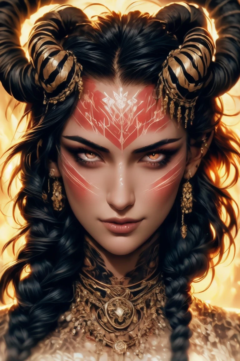 score_9, score_8_up, score_7_up,
KRKNK, 1girl, portrait, beautiful, tiefling shaman, black hair, (long hair:1.3), side bangs, horns, barbarian, gladiator, war paint, tribal markings, long tail, blue skin, red lips, red eyes, glowing eyes, (smug:0.85), dramatic lights, detailed