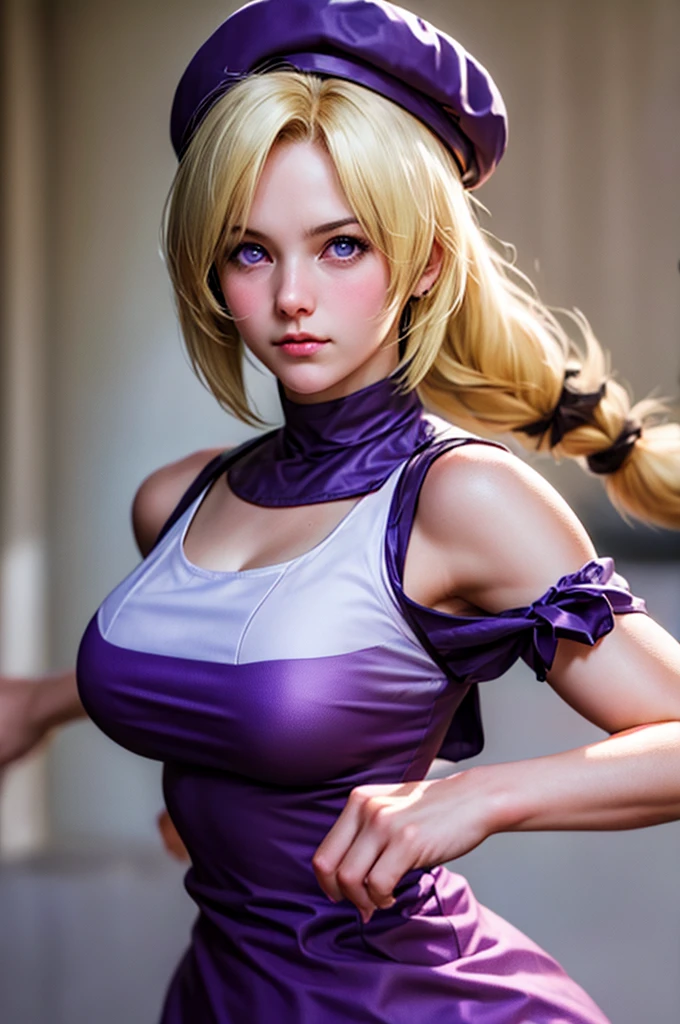 HinakoShijouKof, 1girl, Long blonde hair, purple eyes, sumo, cute face, purple dress sleeve, Brown bag, beret, look at viewer, detailed, realistic, medium breasts, waist, perfect hands, MASTERPIECE, sumo background, beautiful art