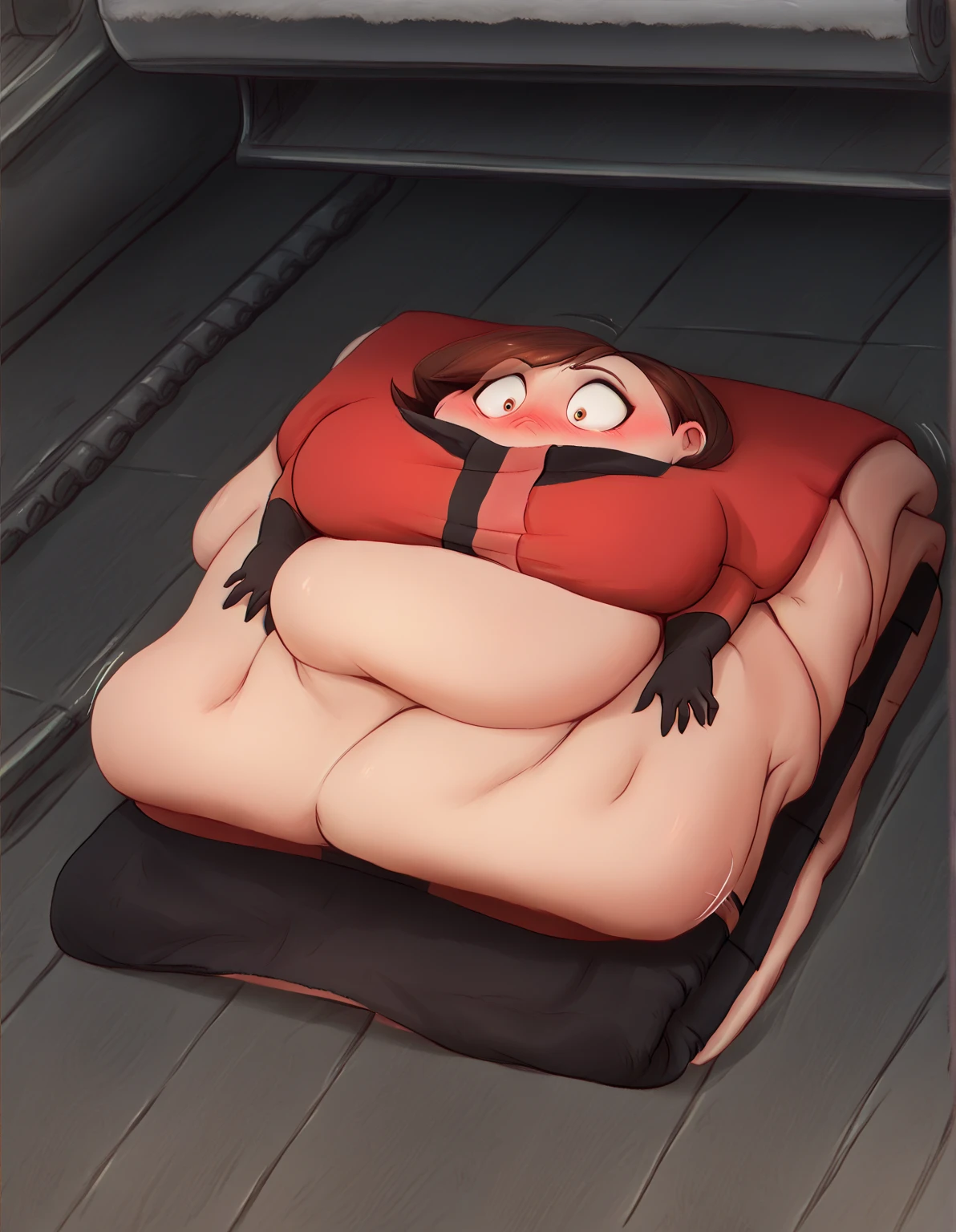 Helen parr , wide big hips, legwear, obese, shocked, blush
, on back, paper thin,flattened girl, flattened, on floor, lying on floor, roll press, factory, rollers,(towel body:1.3),