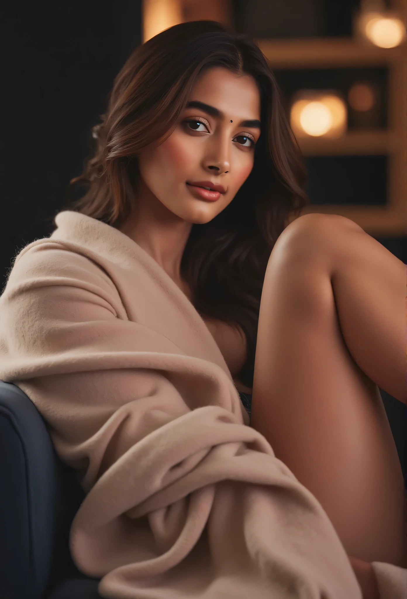 An Indian woman reclines on a low sofa, wrapped loosely in a soft cashmere blanket that leaves one shoulder and her thick thighs exposed. Her brown skin glows under the moody, cinematic lighting, and the cozy setting is complemented by flickering candlelight in the background. Her expression is calm, radiating warmth and quiet confidence