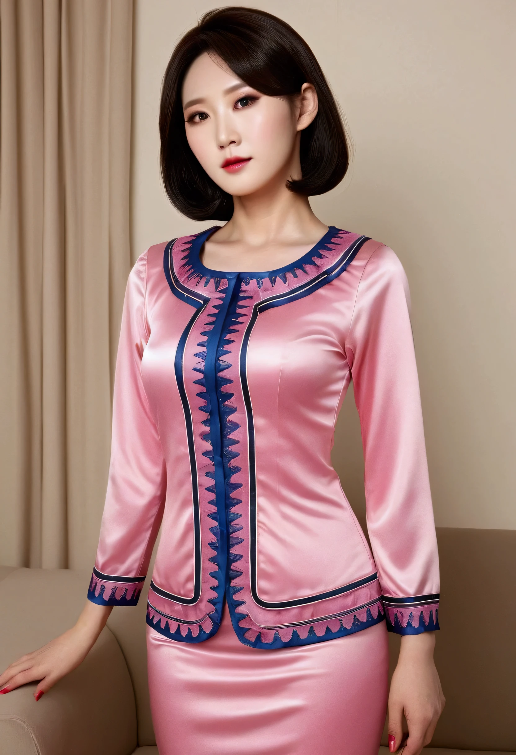 A Korean man in female stewardess uniform, he is crossdresser, big breasts like a woman, slender female body, His hairstyle is short and manly, long sleeves, pink, satin, dress set, Two-piece skirt suit, Rich lace and frills