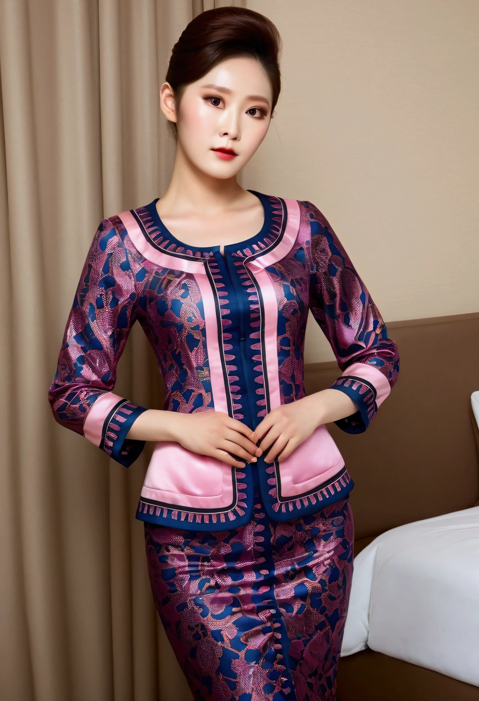 A Korean man in female stewardess uniform, he is crossdresser, big breasts like a woman, slender female body, His hairstyle is short and manly, long sleeves, pink, satin, dress set, Two-piece skirt suit, Rich lace and frills, sit quietly