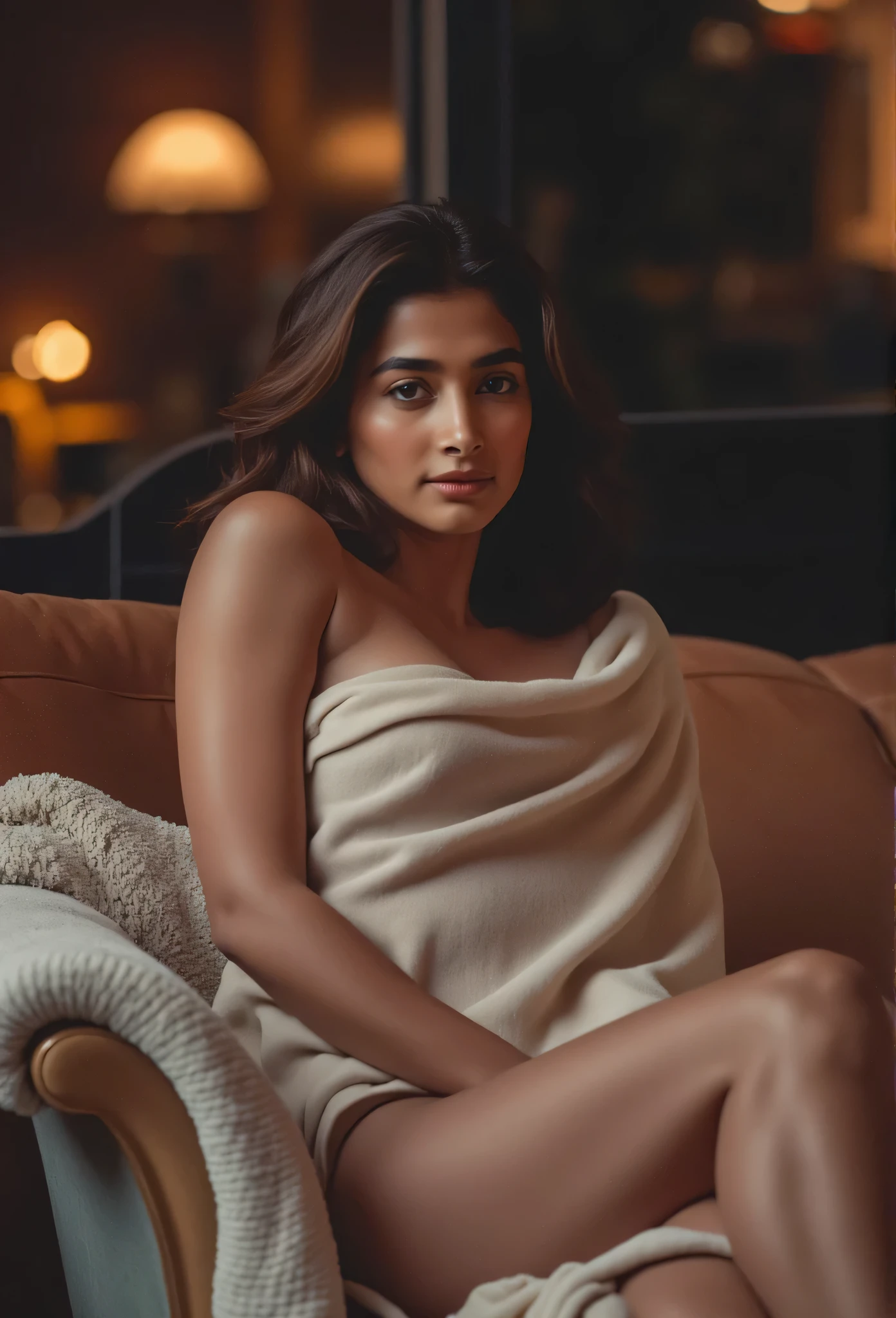 An Indian woman reclines on a low sofa, wrapped loosely in a soft cashmere blanket that leaves one shoulder and her thick thighs exposed. Her brown skin glows under the moody, cinematic lighting, and the cozy setting is complemented by flickering candlelight in the background. Her expression is calm, radiating warmth and quiet confidence