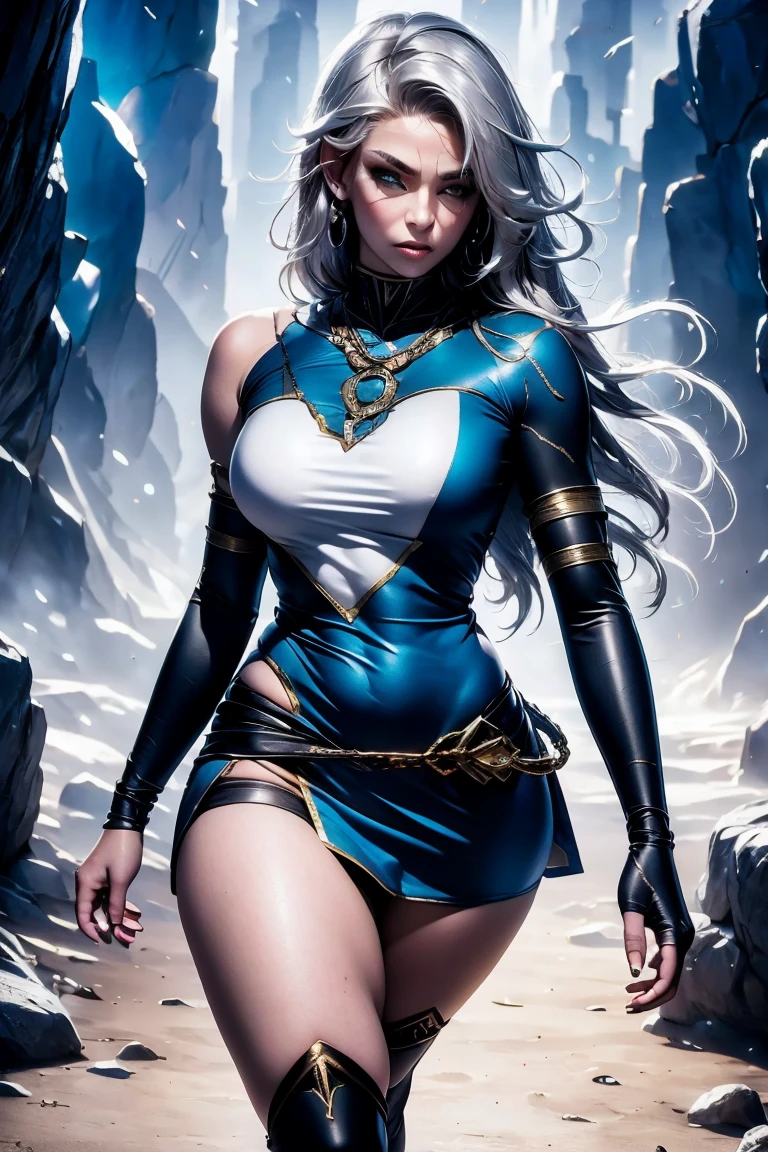 hyper realistic 4K, 8K, ultra realistic high resolution, masterpiece, detailed, solo, young beautiful Atlantean woman, curvy, grey eyes, white hair, glowing tribal face tattoo blue, silver knee-high socks with blue gems, walking sexy, alien crystal cave 