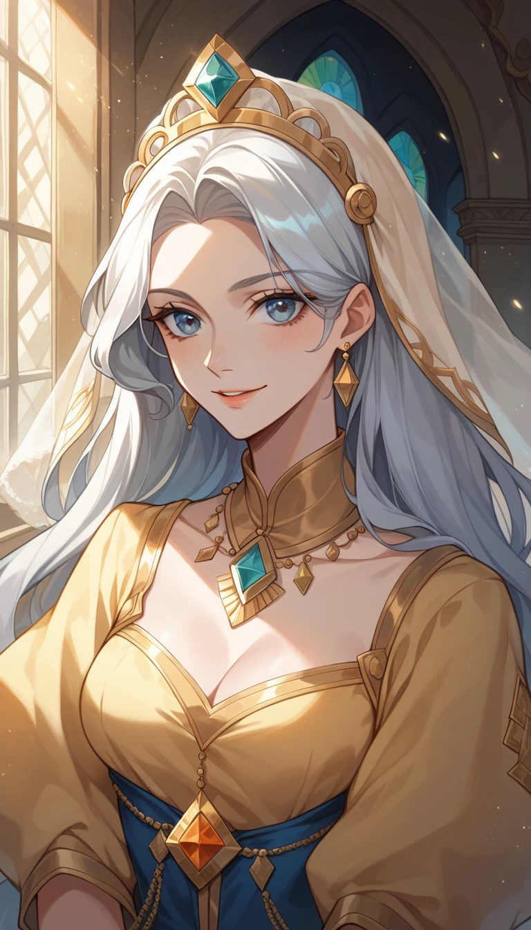 "Aylin is a majestic figure, full of serenity and protection. She has long, silver hair, which falls like a veil of light over her shoulder. Her eyes are a deep amber color, reflecting infinite wisdom. She wears white and gold robes adorned with sparkling gems, and has a warm presence that radiates power and maternal love. Her face is soft, with a gentle smile that conveys peace and security."