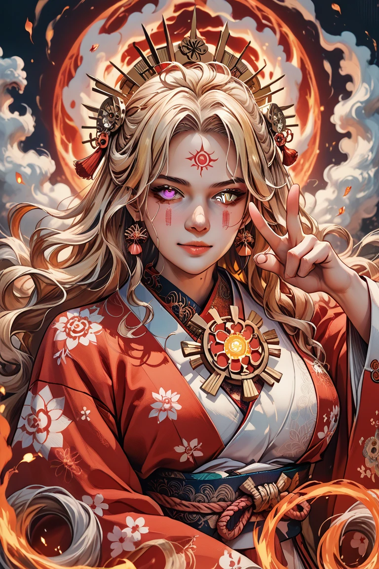 A beautiful blonde shrine maiden is depicted in a powerful moment, with her left hand forming an inverted peace sign, gently brought close to her forehead, while her right hand is raised high towards the sky, unleashing a massive, glowing white energy sphere. Her body arches back with strength as the energy radiates overwhelming light and shockwaves throughout the scene. Her traditional white and red miko outfit flows dramatically in the intense energy currents, and her long blonde hair is swept upward by the light and wind. Her expression is filled with determination, and her pink eyes shine with unwavering resolve. Surrounding her is a majestic white dragon, coiling around her in a swirling vortex of energy, amplifying her power. The background blends subtle elements of a traditional Japanese shrine with a battlefield devastated by the explosion of energy, where light and shadow dynamically intertwine. The art style is highly detailed, vibrant, and anime-inspired, emphasizing the grandeur of this epic attack.