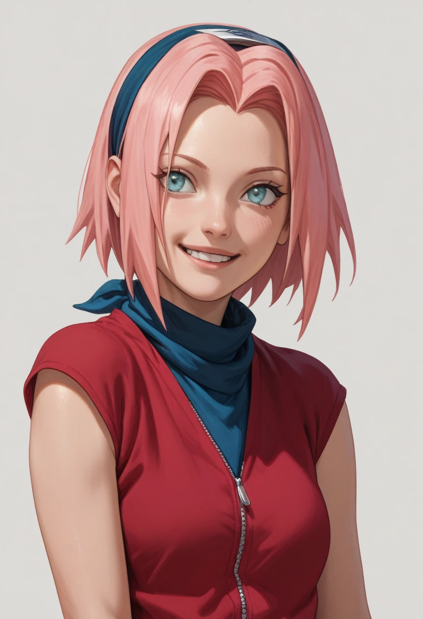 oung Haruno Sakura with short hair and blue bandana smiling.