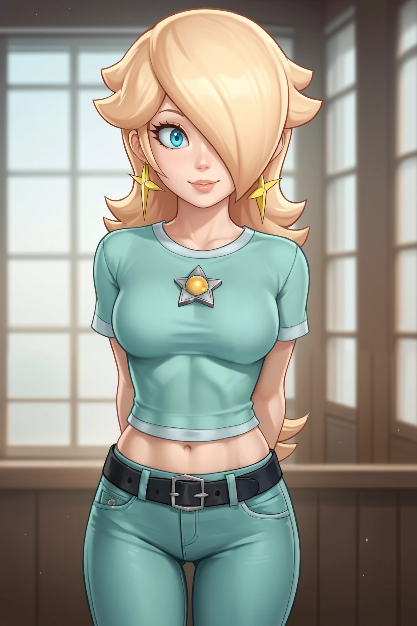 score_9, score_8_up, score_7_up, source_anime, rosalina, blonde hair, blue eyes, hair over one eye, long hair, star earrings, solo, cowboy shot, black t-shirt, taut clothes, tight shirt, midriff, navel, jeans, black belt, arms behind back, leaning forward, smile