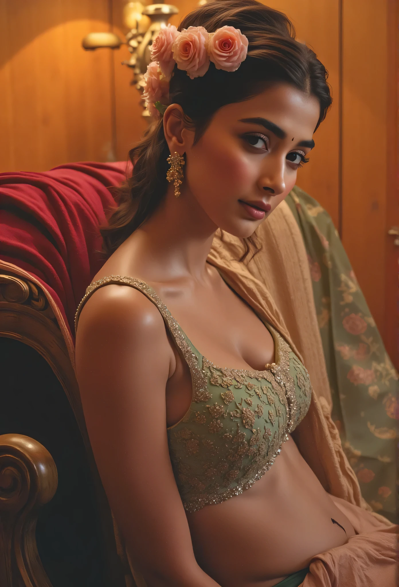 An Indian woman sits on a vintage chaise lounge, wearing a fitted sharara outfit with an off-shoulder blouse that reveals her collarbone and midriff. The sharara pants are wide and flowy, with a high slit to highlight her thick thighs. Her hair is styled in a messy bun, decorated with small roses, and the cinematic lights cast a warm glow on the soft fabric and her radiant skin."
