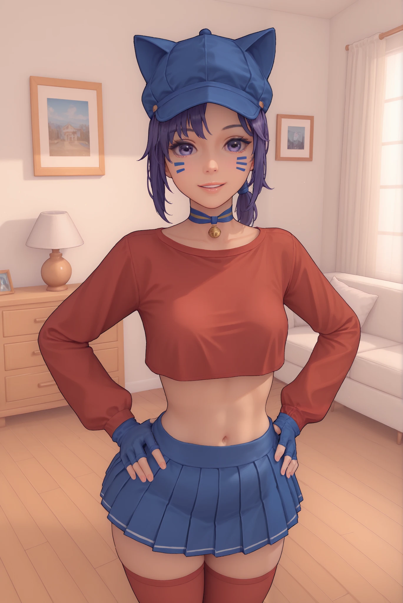 absurdres, masterpiece, best quality, very aesthetic, 1girl, solo, ChopioMita, purple hair, purple eyes, looking at viewer, [small breasts : medium breasts:20], wide hips, narrow waist, medium hair, sidelocks, teardrop facial mark, low ponytail, outfit_1, cat hat, cabbit hat, blue headwear, ribbon choker, red shirt, crop top, long sleeves, blue gloves, blue skirt, pleated skirt, zettai ryouiki, red thighhighs, smile, parted lips, indoor, living room, wooden floor, standing, hand on own hip, midriff, eye reflection,