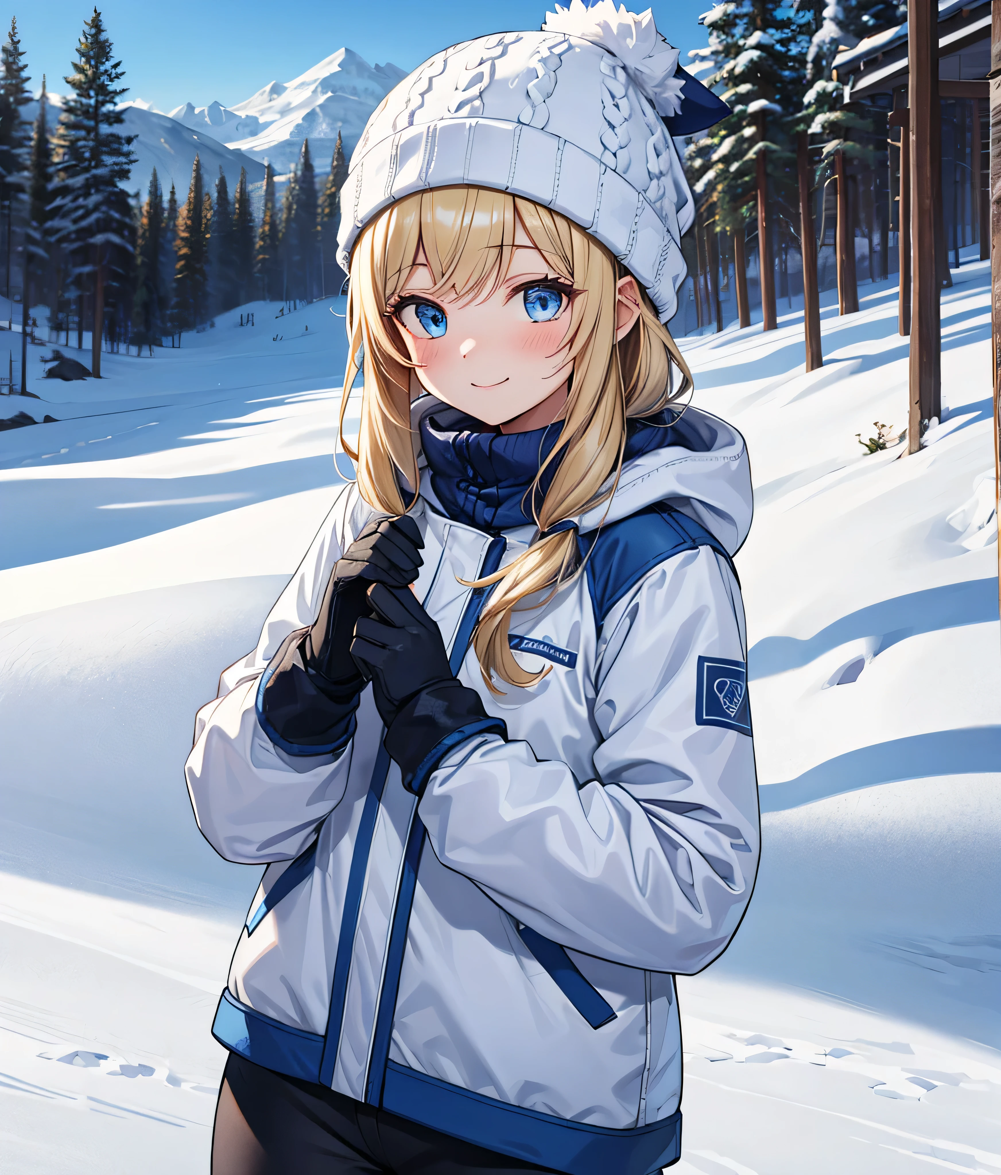 One girl , Alone, high res, long hair, look, blush, smiles, blue eyes, Blonde, high res, masterpiece, accurate, anatomically correct , won numerous awards, 最high quality, detail , High detail , high quality, quality, retina, very detailed, textured skin , Ultra Fine, Pants Style , ski resort, ski resort background, standing, Mittens gloves , Knitted hat, ((((white and blue ski wear)))), Emphasize the upper body,
