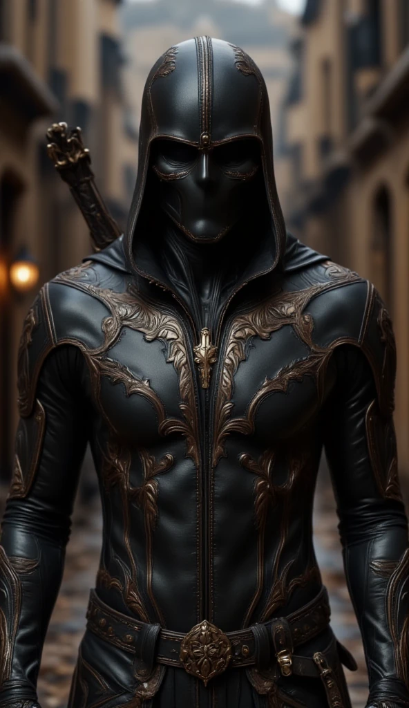 A full-body image of a muscular adult male.black leather full-body image 、face mask and mask hood, .black Skull Tactical Messenger Face Mask.a hooded person in invisible armor . wears leather armor, Tights.epic ninja suit, rogue.Leather fit to cover the whole body. smooth leather .Boy Teenage Assassin , stealth suit , Another World assassin , stand on the roof of a castle. . black night . Dark atmosphere .Low light.Weak lights cast dramatic shadows. Weird Another World atmosphere . Another World city. .whole body image.Handheld composite mechanical giant bow.full body photo.FANTASY
