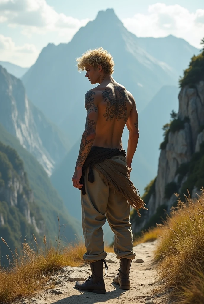 a man with swarthy skin and white locks hair, dressed only in white cargo pants, barefoot and shirtless with a gold bracelet, sitting on a cliff with empty wildlife below full of magnificent vegetation(animé style) )