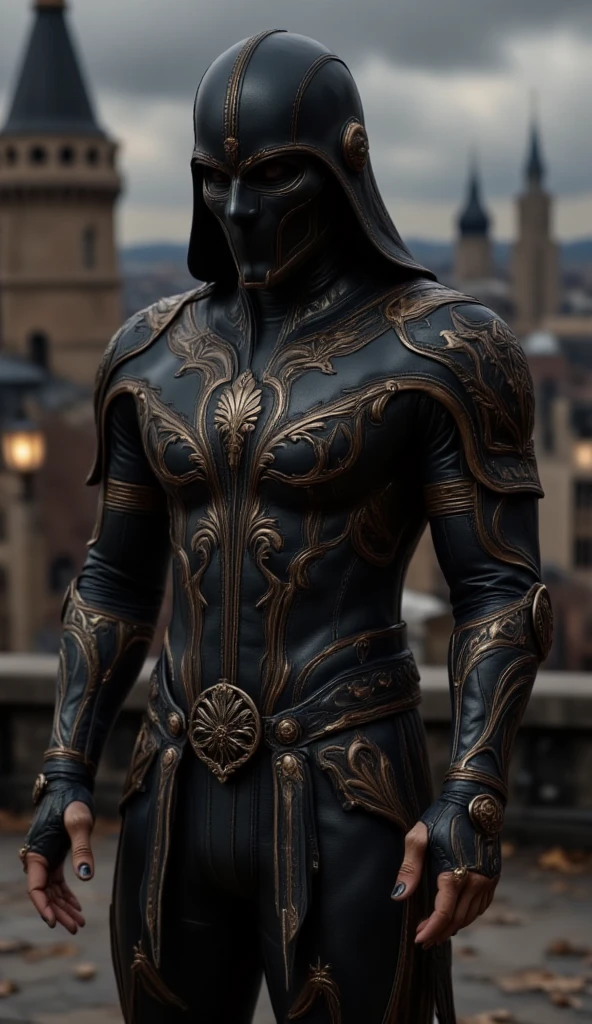 A full-body image of a muscular adult male.black leather full-body image 、face mask and mask hood, .black Skull Tactical Messenger Face Mask.a hooded person in invisible armor . wears leather armor, Tights.epic ninja suit, rogue.Leather fit to cover the whole body. smooth leather .Boy Teenage Assassin , stealth suit , Another World assassin , stand on the roof of a castle. . black night . Dark atmosphere .Low light.Weak lights cast dramatic shadows. Weird Another World atmosphere . Another World city. .whole body image.Handheld composite mechanical giant bow.full body photo.FANTASY
