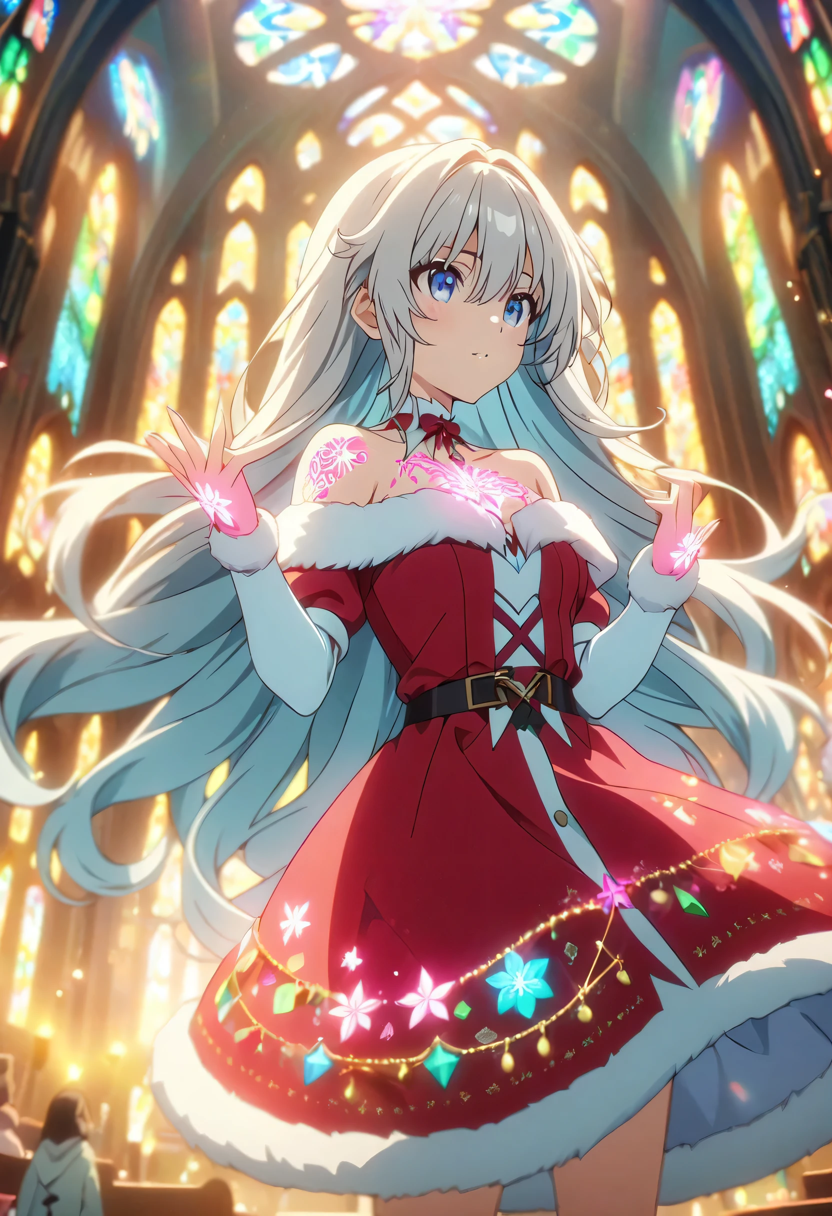 Masterpiece, highest quality, highly detailed CG Unity 8k wallpaper, anime screenshots, female anime character with neon chains. Art of a female anime character with a glowing neon flower tattoo and  off-shoulder white fake fur trim red santa claus costume. This scene with flowing hair has a nice soft focus effect, highlighting the magical glow of the tattoo. Please take a prayer pose. In the background is a stained glass church. bokeh photography, (soft focus):1.2, out-of-focus highlights, dreamy ambiance, glowing circles, mesmerizing depth, depth of field