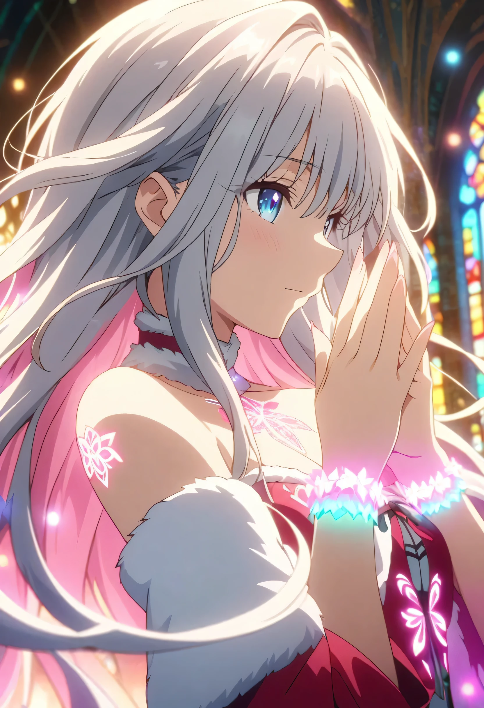 Masterpiece, highest quality, highly detailed CG Unity 8k wallpaper, anime screenshots, female anime character with neon chains. Art of a female anime character with a glowing neon flower tattoo and  off-shoulder white fake fur trim red santa claus costume. This scene with flowing hair has a nice soft focus effect, highlighting the magical glow of the tattoo. Please take a prayer pose. In the background is a stained glass church. bokeh photography, (soft focus):1.2, out-of-focus highlights, dreamy ambiance, glowing circles, mesmerizing depth, depth of field