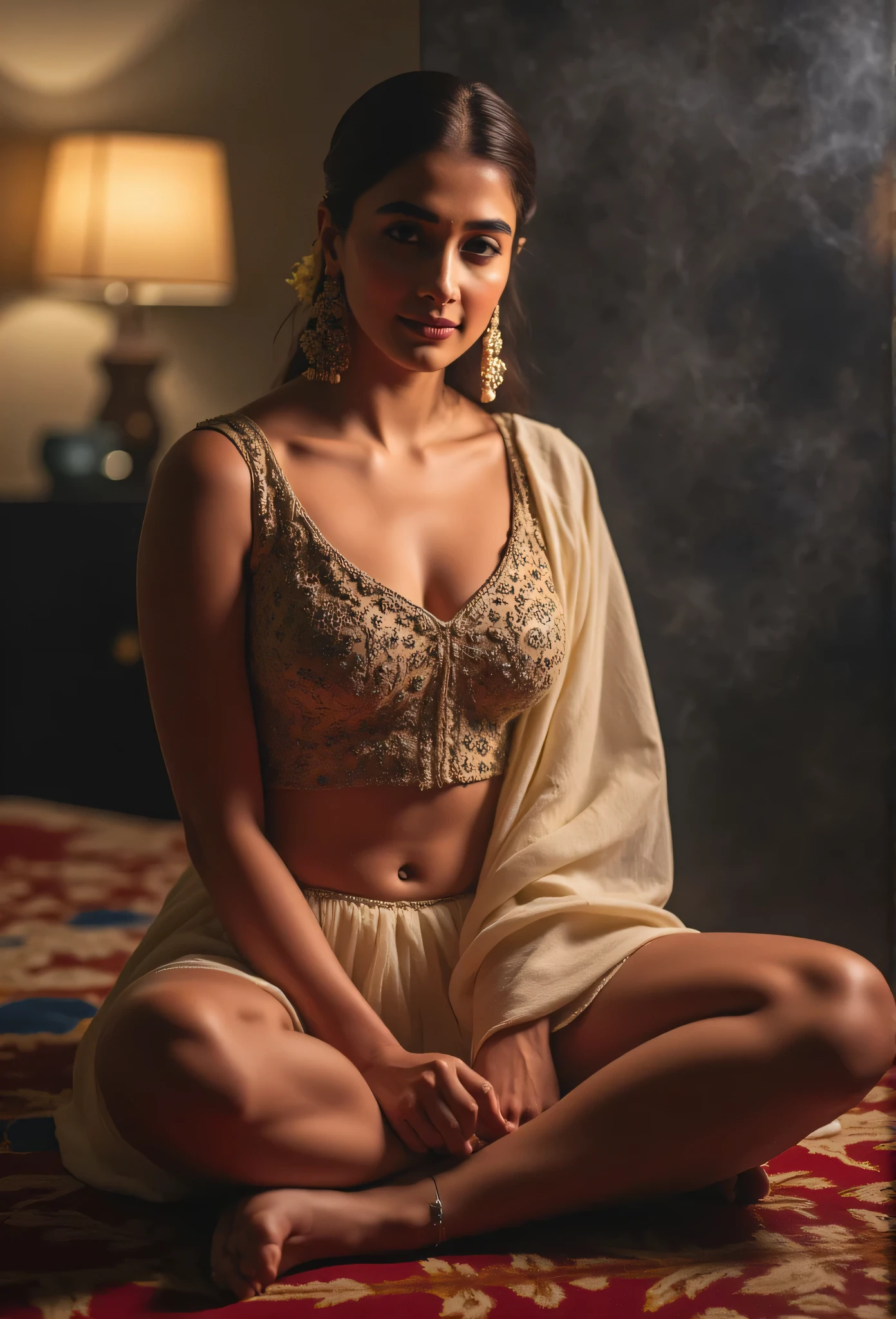 An Indian woman with glowing brown skin sits cross-legged on a plush rug, wearing a fitted blouse with intricate embroidery and a sheer dupatta draped loosely around her. The blouse is cut low at the back, revealing her smooth skin, while the flowing skirt is slit to highlight her thick thighs. Her hair is adorned with fragrant mogra flowers, and the dim, smoky room is lit by soft