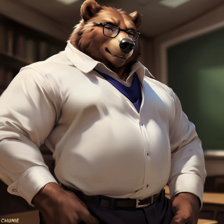 ((extremely detailed, super detail, masterpiece, ultra realistic, highres, detailed shadows, detailed lightining)), (((under view, from below, close viewer, POV, close-up, upper body view))), (((((solo, 1boy, super hairy anthro (brown bear))))), ((strong, fat, broad hips, venous muscles,)), ((teacher suit ripped, detailed gigantic outlined bulge, (big balls:0.8))), masculine face, ((schocked, shy)), old age, (glasses), (pencil), detailed clothes, green board, pulling pants, ((classroom background, photorealistic))),