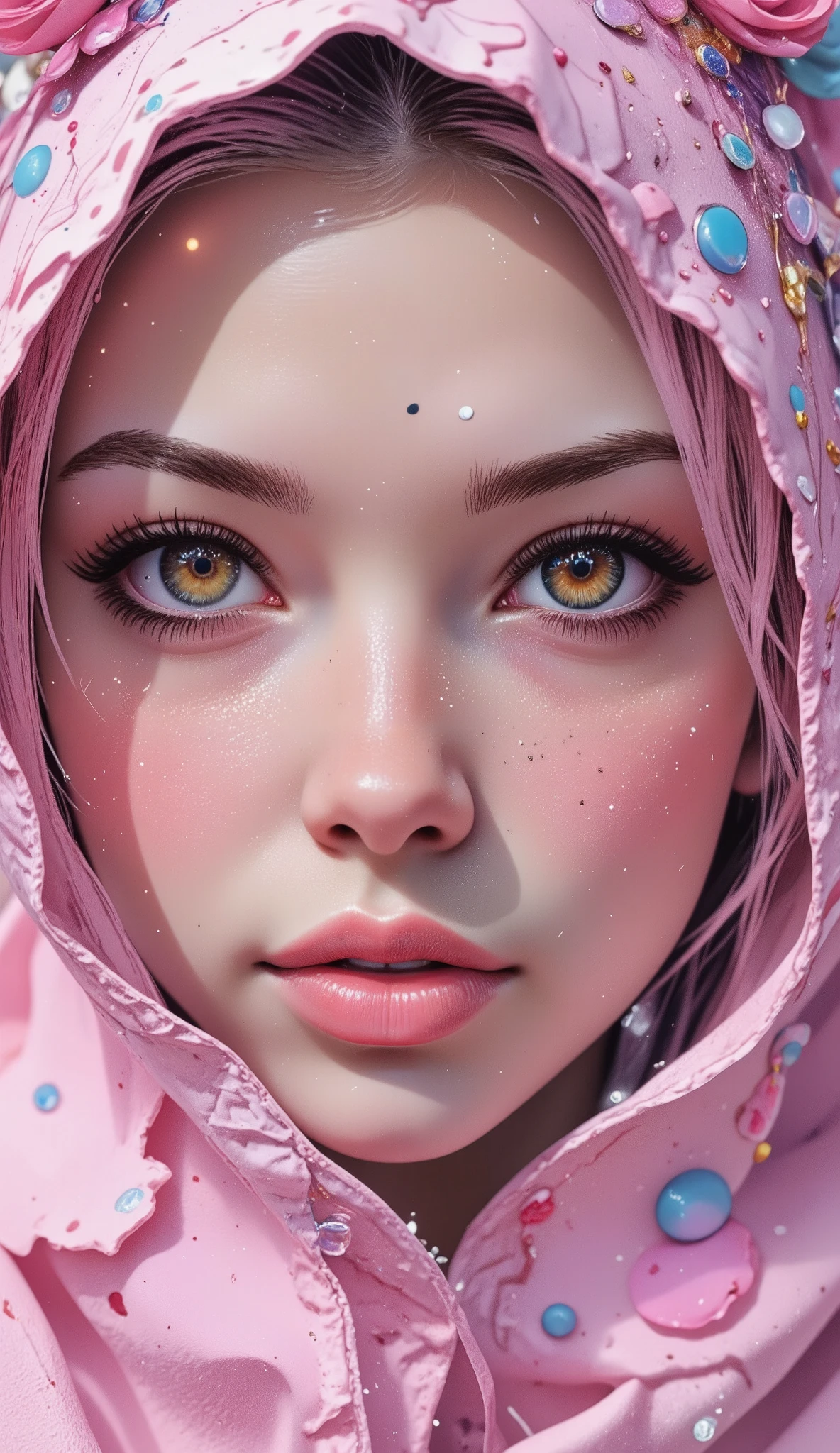 (( masterpiece)). This piece of art is sweet, dreamer, and ethereal , With soft shades of pink watercolor and lots of ornate cotton candy details .. Intimate underwear, Generate a delicate and demure fairy exploring a ( World of gum with a wide variety of pastel shades ).(Floating under), Her sweet face is extremely detailed and realistic with elegant features ., A perfect mouth with puffiness , kissable lips, It seems that ((((un elegant Micarah Tewers)))). Your lips are a uniform shade of pink . Includes mature and impressive features . ., very realistic eyes. Your eyes are important and must be realistic , and beautiful. In high definition and detail , includes many details such as stars , galaxies, burbujas de colores, colorful petals , Dripping bright paint , iridescence , Vivid hyper-realistic textures . Stars and colorful bubble gum are important ! Includes fantasy details.., improved details, iridescence , Viento colorido, chiaroscuro, cinematic lighting, UHD, Retina, masterpiece, Accurate, anatomically correct , textured skin, Super detail, high details, high quality, award winning , best quality, highres, 1080P, HD, 16K