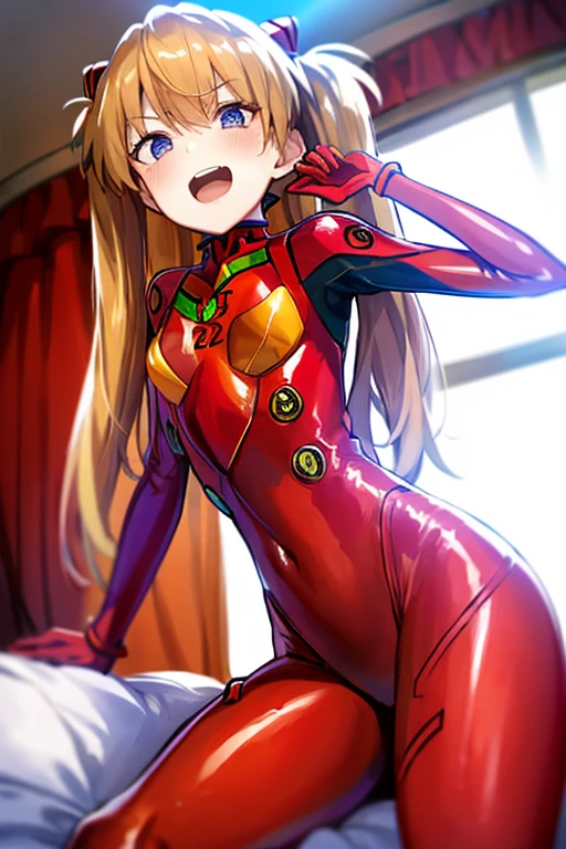 (( top quality )), ((masterpiece)), (be familiar with),  perfect face, indoor, bedroom, Watching viewers,
One woman,  Soryu Asuka Langley,
 open mouth,  ecstatic expression beside the piano, blush, smile,
 small tits,  flat chest, Young girl, Lori,  s,  girl,
 long hair,  twin tails,
Leg spread,