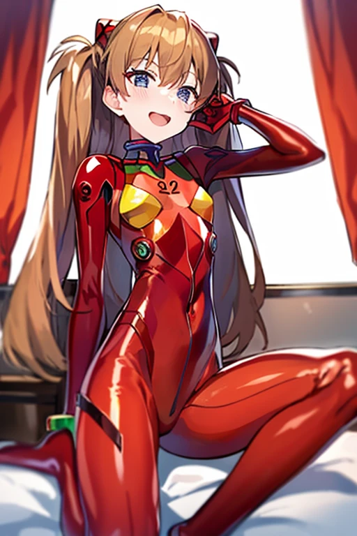 (( top quality )), ((masterpiece)), (be familiar with),  perfect face, indoor, bedroom, Watching viewers,
One woman,  Soryu Asuka Langley,
 open mouth,  ecstatic expression beside the piano, blush, smile,
 small tits,  flat chest, Young girl, Lori,  s,  girl,
 long hair,  twin tails,
Leg spread,