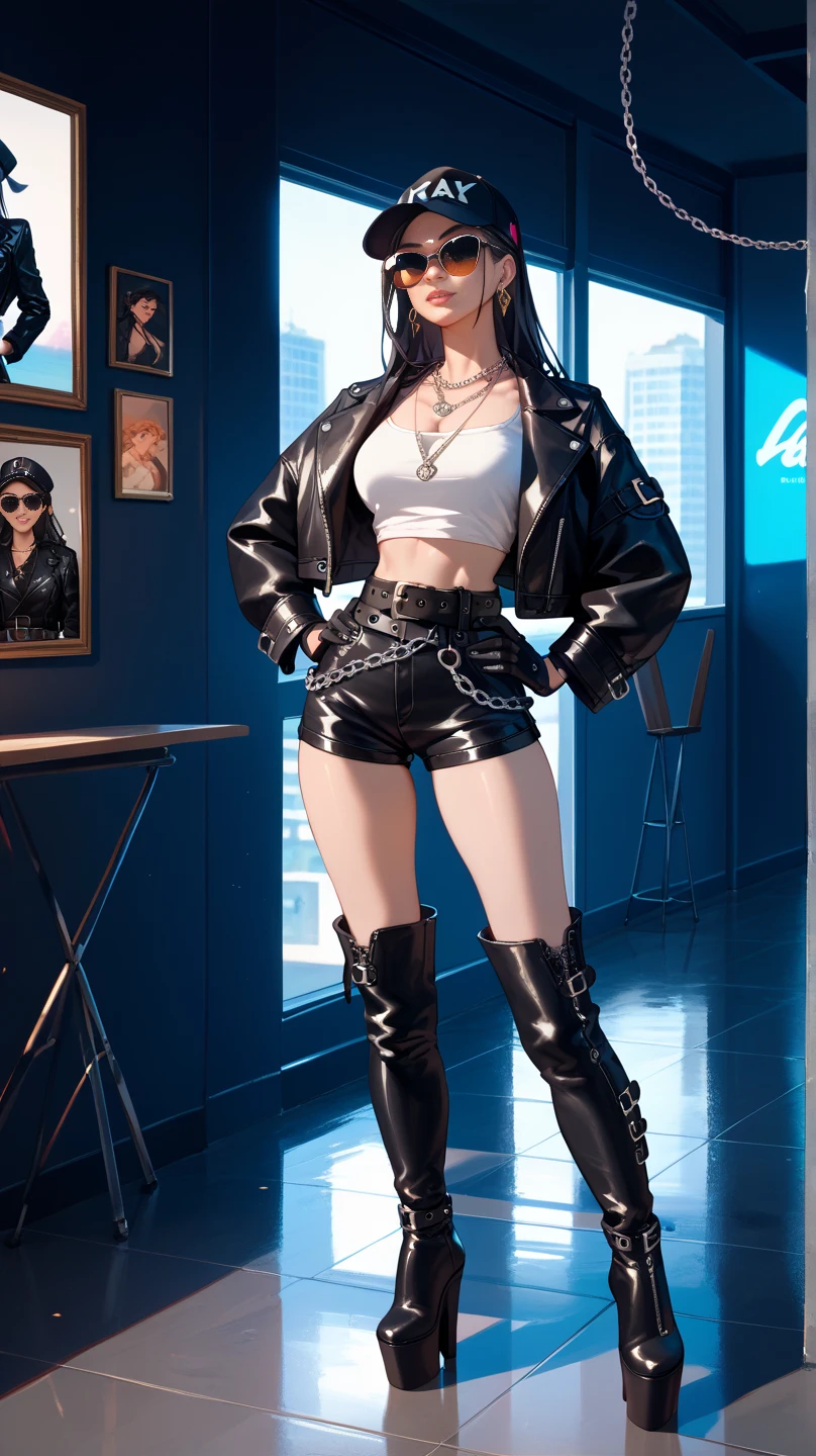  extra long platform thigh-high boots　Full body painting　cap black short leather jacket　 necklace　 black leather hotpants 　 thick belt　Black gloves　 necklace　 large belt buckle　Tall, long-legged woman　Chain wallet 　 long black hair 　 sunglasses　Hands on hips　earring single