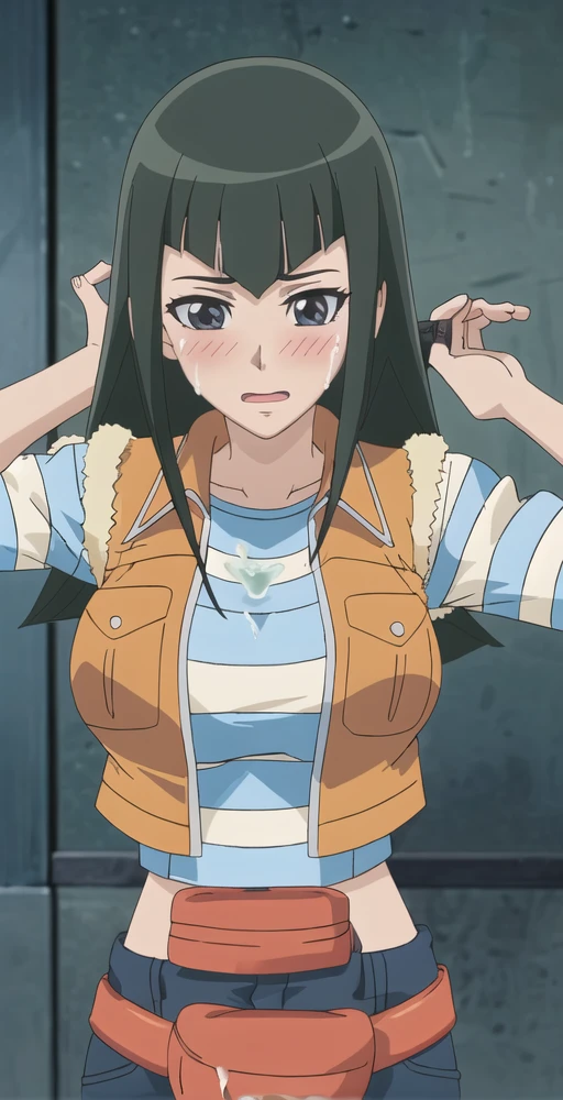 1boy, CC, big grin, vest, striped shirt, striped sleeves, paizuri, blush, breasts, (projectile cum),cum on body, cum on breasts, , cum on hair, facial, overflowing cum, covered in cum, hetero, (lying on the floor), male pubic hair, on back, (penis), pov, soaking wet, soaked in cum, sweaty, extended arms, nipples ,((show nipples)),medium , perfect , perfect nipples , perfect hands, perfect fingers, five fingers