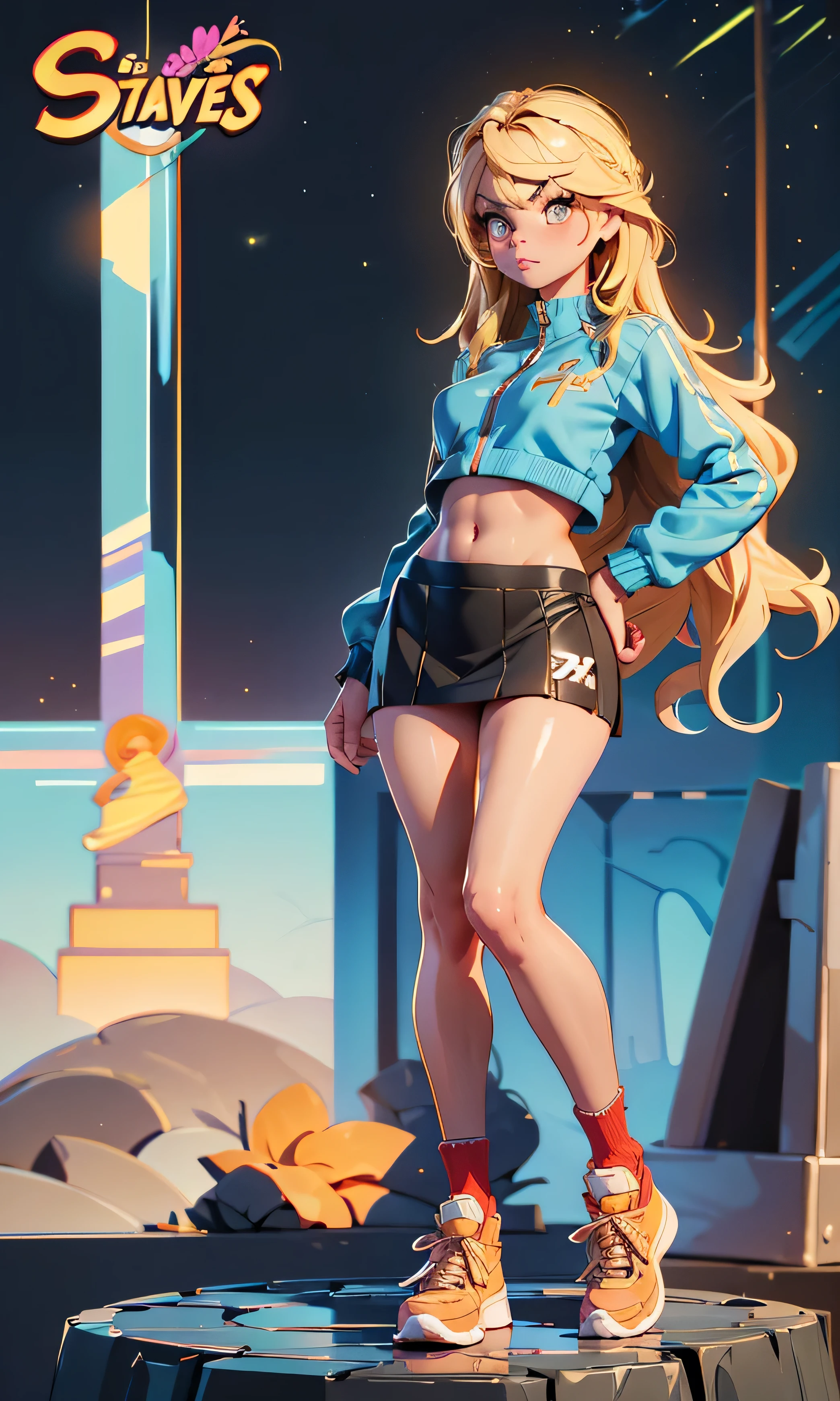 Masterpiece, high detail, 1 girl, babe, beautiful, slim and tall, front view, looking at viewer, long hair, blonde hair, brown eyes, arched eyebrows, full body, breasts, nice legs, flat stomach, transparent outfit, mini skirt, mini top, striped stockings, sports shoes, (((naked))), in a flower cemetery, dark sky,