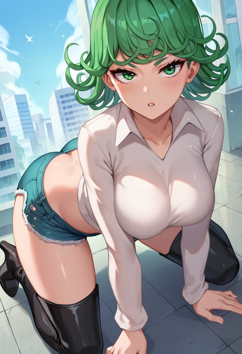  score_8_above,  score_7_above,  score_6_above,  score_5_above,  score_4_above,  anime screenshot , Tatsumaki,  green hair,  green eyes,  short hair, curly hair, thighs, thighs,  wide hips ,  big breasts,
City BREAKING,  Thigh-high heel boots ,  denim shorts ,  on all fours, Focus ass 



