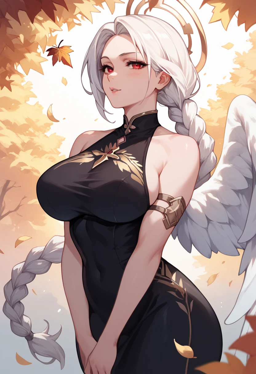 Woman, white hair, braided ponytail, Black dress with golden leaves print Neckline , Red eyes ,Big breasts,Six large angel wings,