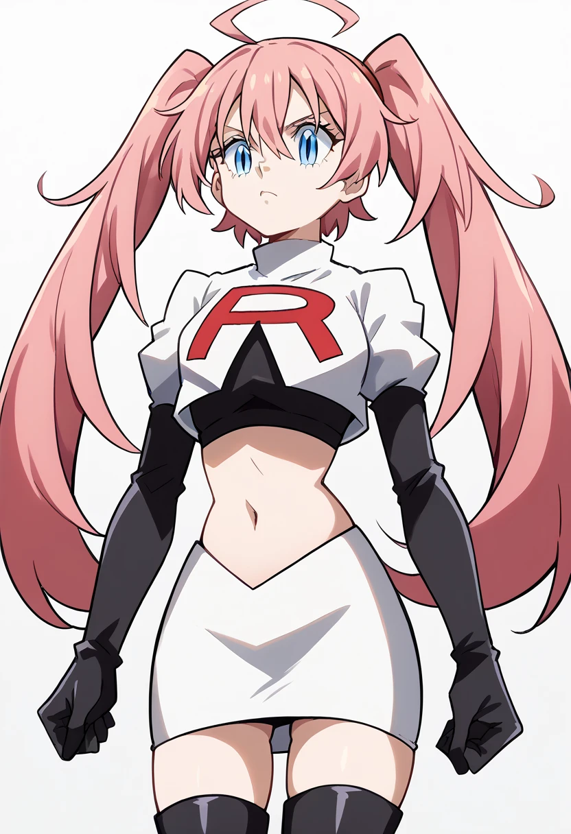 feMonica, hair bun, braid,red eyes ,glossy lips,masterpiece, best quality, highres,team rocket uniform, red letter r, white skirt, white crop top, black thigh-high boots, black elbow gloves, glaring angrily, looking down at viewer, hands on hips, full body seen, zettai ryouiki
